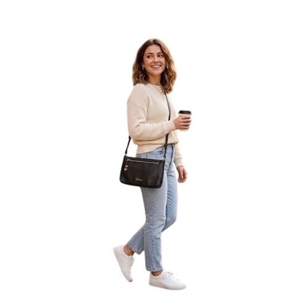 Cole Haan Black Textured Leather Crossbody Bag Gold Hardware Lizard Embossed